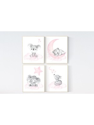 Ninastore Pembe ve Gri Hayvan Kreş Baskıları: Koala, Ayı, Fil (Çerçeveler Dahil Değildir)