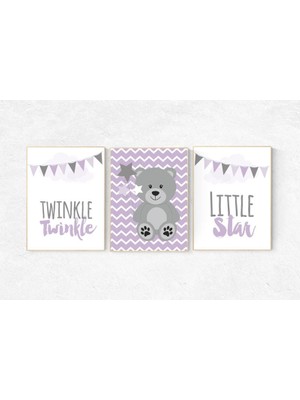 Ninastore Parıldayan Yıldız Mor Bebek Odası Dekoru: Teddy Ayı Bebek Kız Sanatı