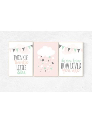Ninastore Mercan Nane Bebek Odası Desenleri: Parıldayan Yıldız, Bulut, Sevilen - 3'lü Set