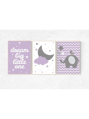 Ninastore Fil Çocuk Odası Dekoru Kızı: Mor Ay ve Yıldız Sanat Baskıları