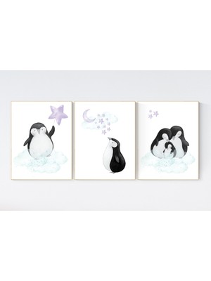 Ninastore Penguen Kreş Sanat Baskıları: Mor Turkuaz Bulut ve Yıldızlar