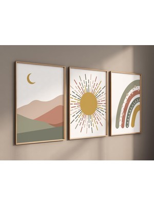 Ninastore Boho Bebek Odası Baskısı: Gökkuşağı, Güneş ve Ay - Toprak Tonlarında Soyut Sanat