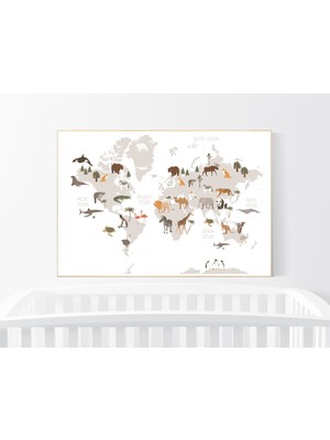 Ninastore Hayvanlar Dünyası Haritası Baskısı: Safari Kreş Dekoru, Oyun Odası Sanatı