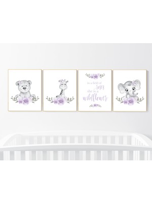 Ninastore Bohem Çiçekli Bebek Odası Desenleri: Fil, Ayı, Zürafa Duvar Sanatı