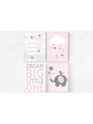 Ninastore Pembe Fil Çocuk Odası Dekoru: Büyük Düşün, Bulut ve Yıldızlar Sanat Baskısı