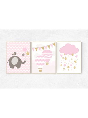 Ninastore Pembe Altın Bebek Odası Desenleri: Fil, Sıcak Hava Balonu, Yıldızlar - 3'lü Set