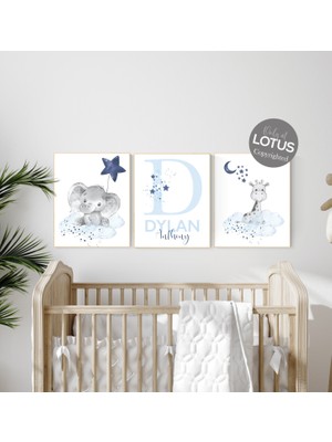 Ninastore Lacivert Bebek Odası Baskıları: Fil, Zürafa, Kişiye Özel Isim Sanatı - 3'lü Set