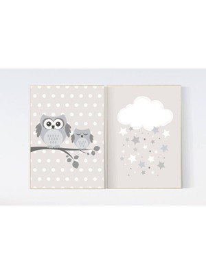 Ninastore Baykuş Çocuk Odası Dekor Baskısı: Bej, Krem ve Gri