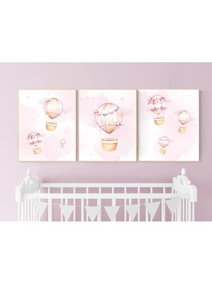 Ninastore Sıcak Hava Balonu Kreş Baskısı: Pembe Suluboya Kız Odası Dekoru
