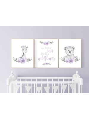 Ninastore Çiçekli Orman Hayvanları Kreş Baskısı: Leylak Mor Dekor