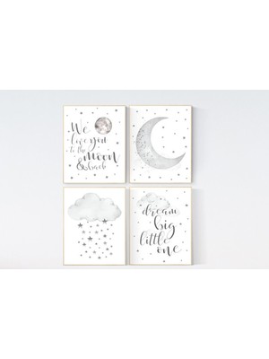 Ninastore Nötr Çocuk Odası Sanatı: Ay, Yıldızlar, Bulut Baskıları