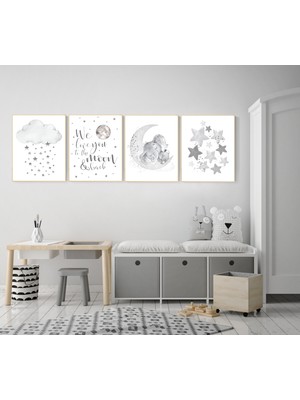 Ninastore Fil Kreş Sanat Baskıları: Ay, Yıldızlar, Gri Dekor