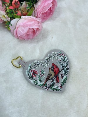 CIGDEMCALISKAN Cardinals In Love - Aşık Kuşlar Nakışlı Mini Kalp Cüzdan