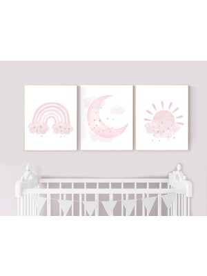 Ninastore Pembe ve Altın Çocuk Odası Baskıları: Gökkuşağı, Ay, Güneş Duvar Sanatı