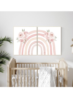 Ninastore Allık Pembesi Gökkuşağı Çocuk Odası Dekoru: Bohem Çiçek Desenli Set
