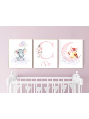 Ninastore Fil ve Baykuş Bebek Odası Baskılı Seti: Pembe ve Mor Hayvan Dekoru