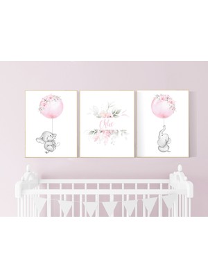 Ninastore Çiçekli Fil Çocuk Odası Sanat Baskıları: Pembe Bohem Dekor