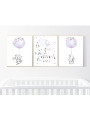 Ninastore Fil Bebek Odası Baskıları: Mor Ay ve Yıldızlar, Kız Bebek Odası Sanatı