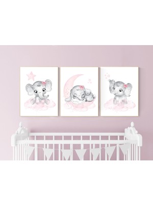 Ninastore Fil Bebek Odası Sanatı: Pembe ve Gri Bebek Kız Baskıları