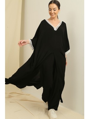 By Saygı Dantel Detaylı Cepli Uzun Tunik Beli Lastikli Pantolon Oversize 2\'li Viskon Takım
