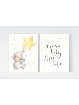 Ninastore Fil Bebek Odası Baskısı: Bulut, Yıldızlar, Ay - Nötr Dekor