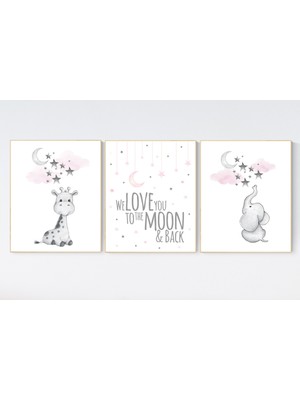 Ninastore Fil Zürafa Kreş Baskısı: Pembe Gri Ay Yıldızlar