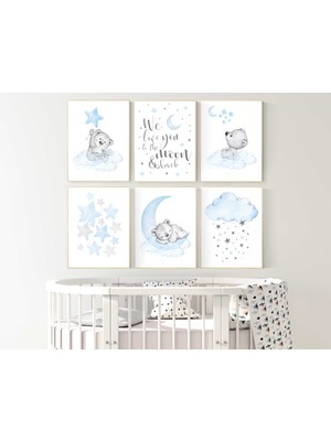 Ninastore Ayı Kreş Baskıları: Bebek Mavisi Ay ve Yıldız Duvar Sanatı