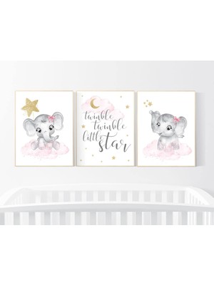 Ninastore Fil Çocuk Odası Baskısı: Pembe ve Altın Yıldızlı Dekor