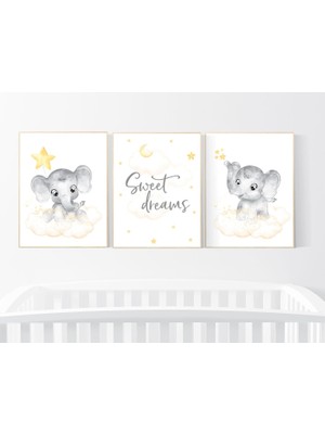 Ninastore Fil Kreş Sanat Baskıları: Sarı Gri Ay Yıldızlar (Kağıt Baskılar)