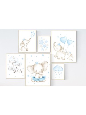 Ninastore Fil Bebek Odası Desen Seti: Mavi Bebek Odası Dekoru (6'lı Set)