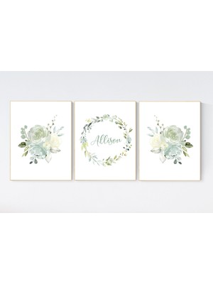 Ninastore Çiçekli Çocuk Odası Dekoru Kız: Yeşil Çiçek Isim Baskısı