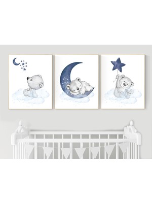 Ninastore Teddy Bear Bebek Odası Baskısı: Lacivert Erkek Bebek Dekoru