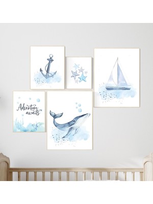 Ninastore Denizci Çocuk Odası Baskıları: Balina, Gemi, Çapa, Yıldızlar Sanat Seti
