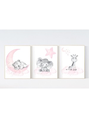 Ninastore Pembe Bebek Odası Hayvan Desenleri: Teddy Ayı, Fil, Zürafa