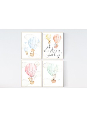 Ninastore Sıcak Hava Balonu Hayvan Kreşi Baskısı: Zürafa, Ayı, Aslan