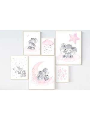 Ninastore Fil Bebek Odası Sanatı: Pembe ve Gri Bebek Kız Baskıları