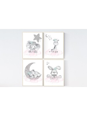 Ninastore Pembe ve Gümüş Hayvan Kreş Desenleri: Fil, Tavşan, Ayı, Zürafa
