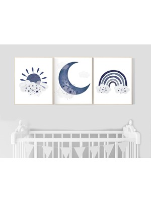 Ninastore Lacivert Bebek Odası Desenleri: Gökkuşağı, Ay, Yıldız Duvar Dekoru