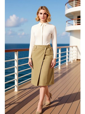 Benerly Kadın Yüksek Bel A Kesim Midi Etek Düz Desen Denim Kumaş Fonksiyonel Dayanıklı Kaliteli Şık