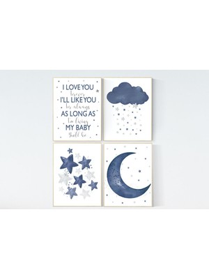 Ninastore Lacivert Ay ve Yıldızlı Bebek Odası Sanat Baskıları: Erkek Bebek Dekoru