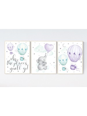 Ninastore Fil Sıcak Hava Balonu Kreş Dekoru: Mor Nane Sanat Baskıları