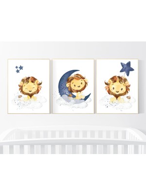 Ninastore Aslan Kreş Sanat Baskıları: Lacivert Safari Hayvanları, 3'lü Set