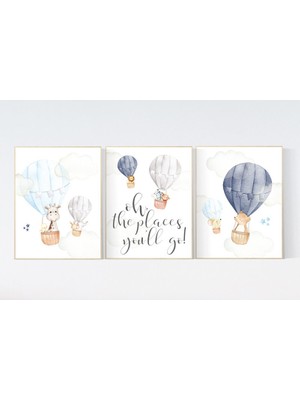 Ninastore Sıcak Hava Balonu Hayvan Odası Baskısı: Lacivert, Gri Dekor