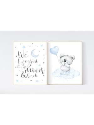 Ninastore Bebek Ayı Kreş Baskısı: Mavi Orman Hayvanları Duvar Sanatı