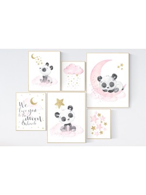 Ninastore Panda Kreş Sanatı: Pembe ve Altın Ay, Yıldız Baskıları