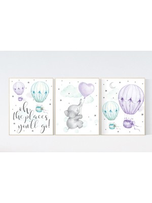 Ninastore Fil Sıcak Hava Balonu Bebek Odası Desen Seti: Mor, Nane, Su Yeşili