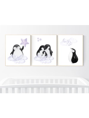 Ninastore Penguen Kreş Sanat Baskıları: Mor Bulut ve Yıldız Dekoru