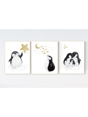 Ninastore Penguen Bebek Odası Sanatı: Altın Yıldızlar, Ay, Nötr Bebek Odası Dekoru