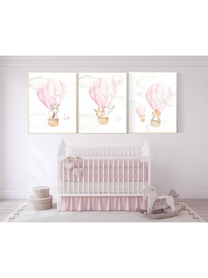 Ninastore Sıcak Hava Balonu Kreş Baskısı: Pembe Orman Hayvanları Dekoru