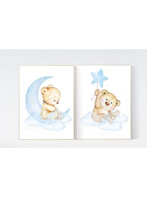 Ninastore Teddy Bear Kreş Baskısı: Mavi Ay ve Yıldız, Orman Hayvanları